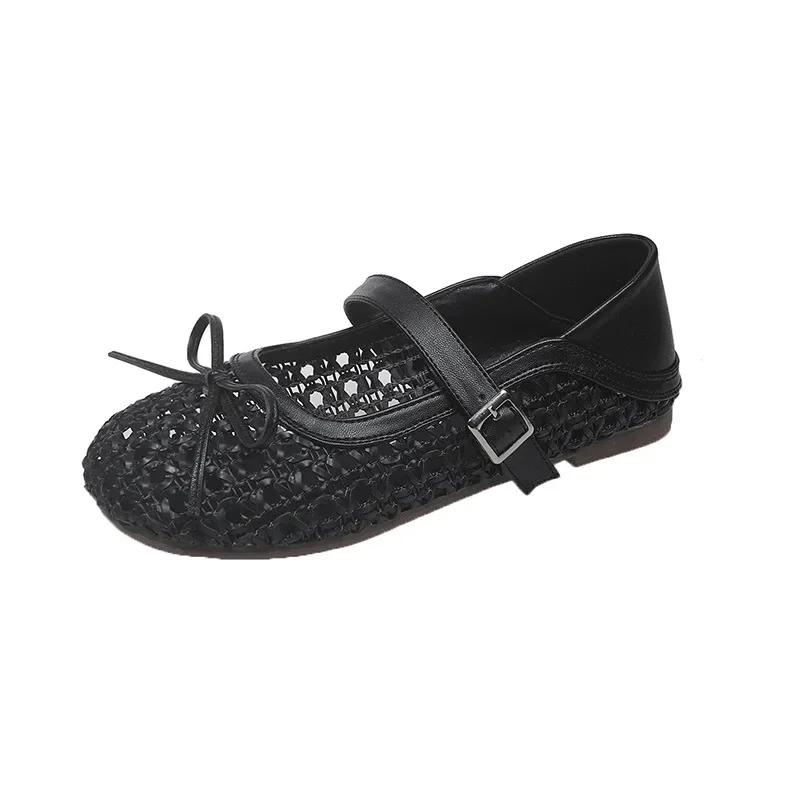 New 2025 Summer Breathable Woven Hollow Out Slip-On Women's Shoes Butterfly Knot Single Strap Versatile Fashionable Mary Janes
