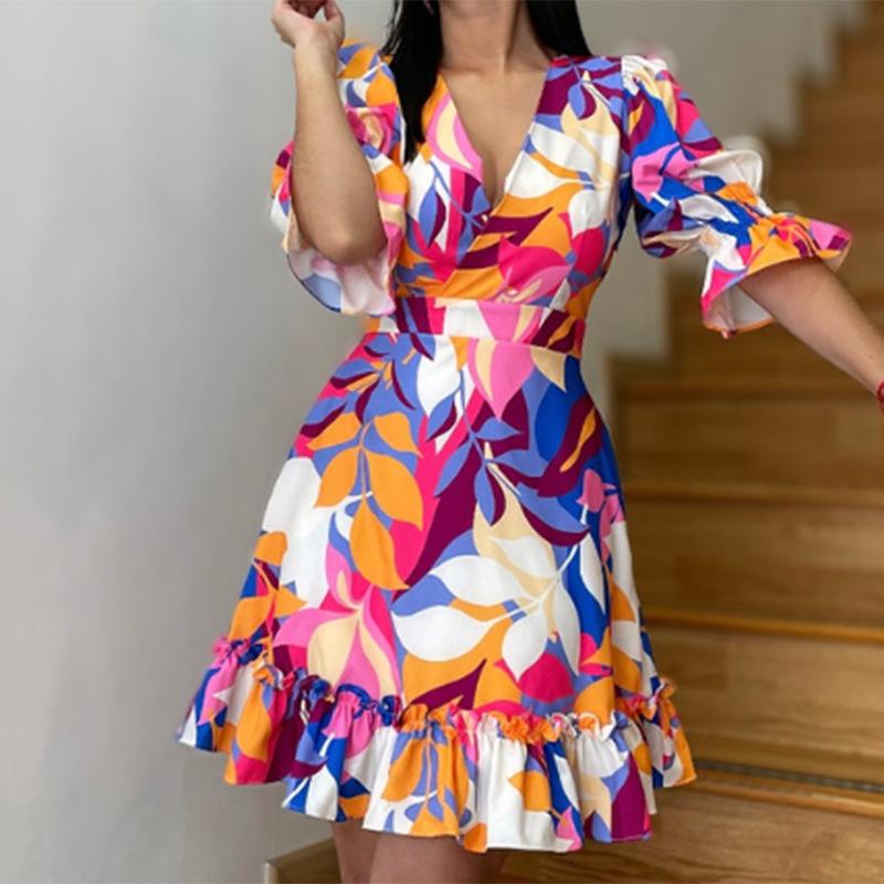 Spring new women s clothing, European and American dresses, fashionable and elegant printed ruffle edge dresses S