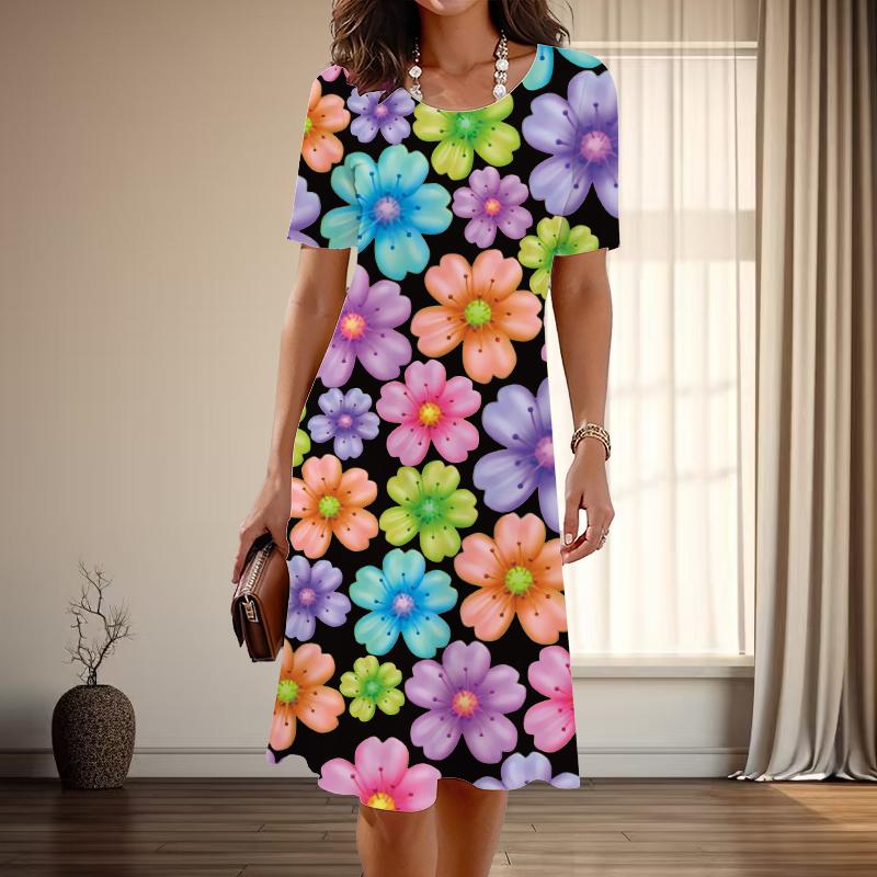 Damenmode Anmutiges Blumendesign Print Sommer Frühling Kurzarm O-Ausschnitt Freizeitkleider
