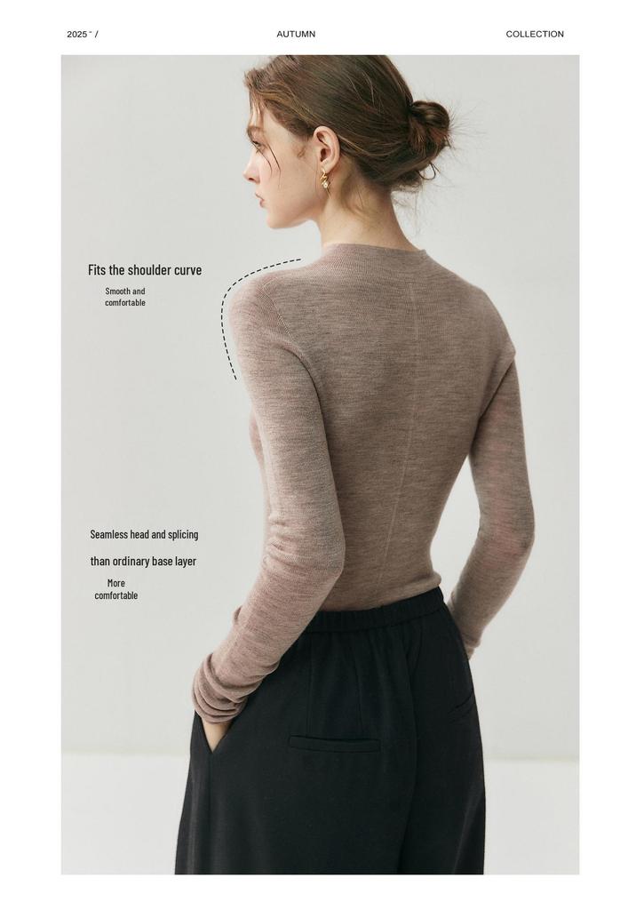Women's Slim Fit Merino Wool Pullover Sweater - Half-High Neck, Autumn/Winter, Machine Washable