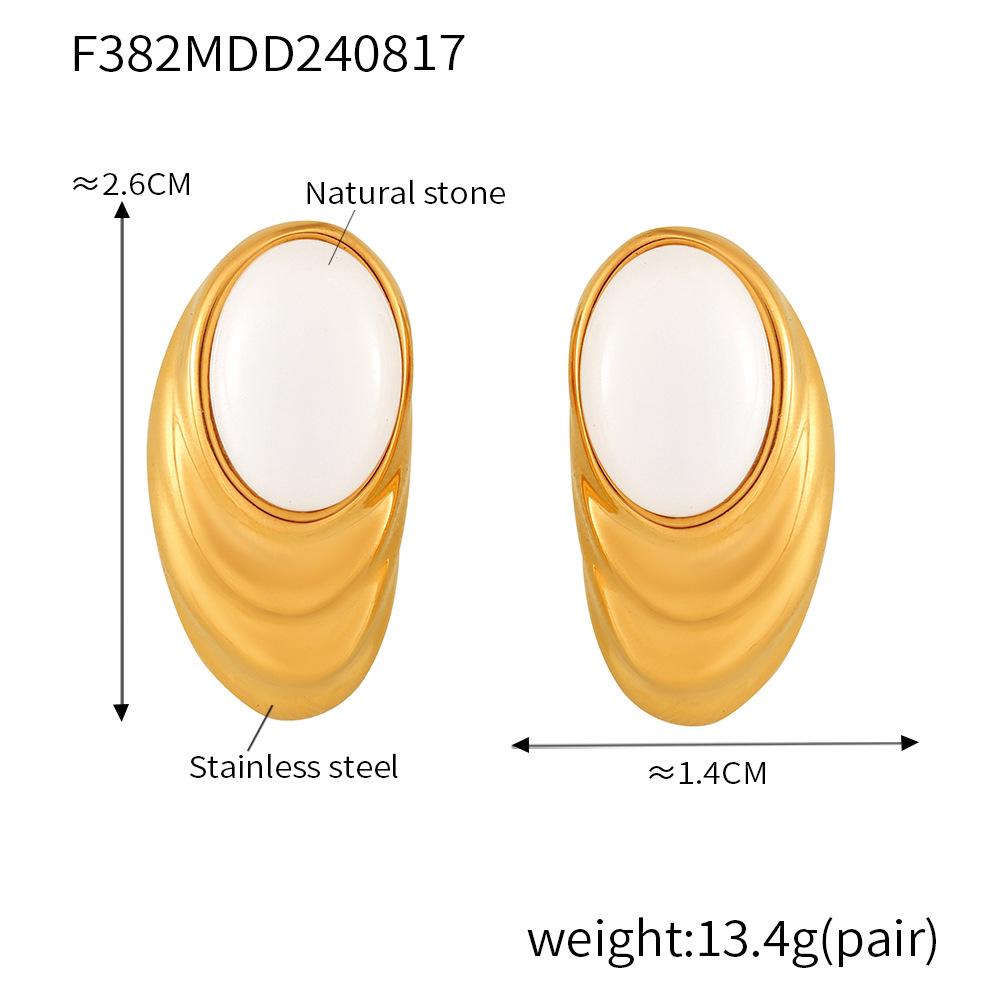 French Oval Water Ripple White Stone Stud Earrings, Stainless Steel PVD Electroplated