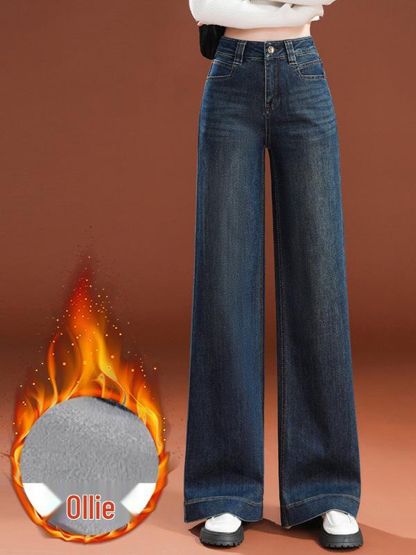 2026 Women's Loose Wide-Leg High-Waist Fleece Jeans - Slimming Floor-Length Fashion for Spring & Autumn