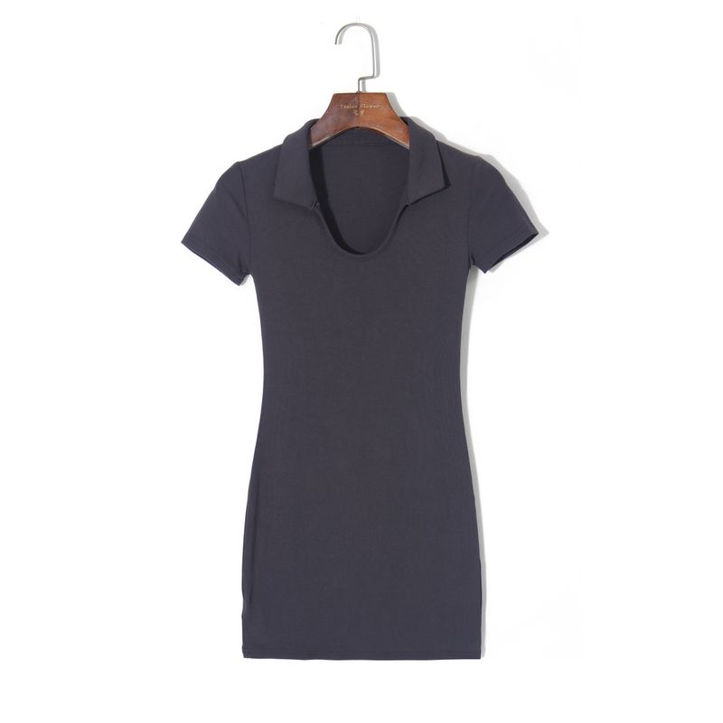

2025 Summer Women clothes Simple Solid Elegant Flanging round Neck Pullover Short sleeve Slim fit Elastic Comfortable Dress Carbon ash S