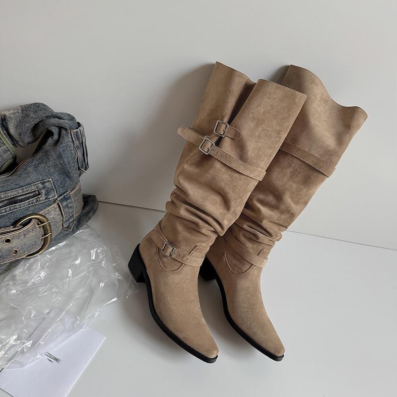 

Осень-зима 2025 года черные ботфорты Maillard, ботфорты выше колена, две пары ковбойских сапог-труб на толстом каблуке для женщин 39 абрикосовый