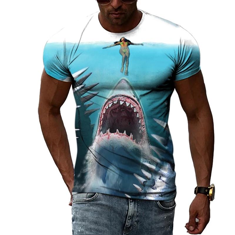 Hot New Men's T-Shirt with Large White Shark Print, Vintage Summer Casual Fashion, Crew Neck Short Sleeve Top