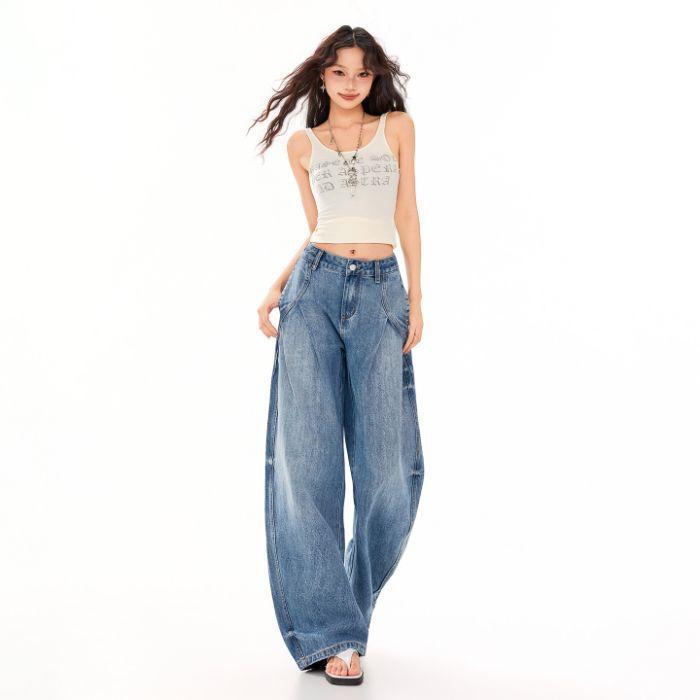 Spring Summer Vintage Street Relaxed Floor Saber Cut Denim Pants For Women Casual Pants Oversize Denim Trousers