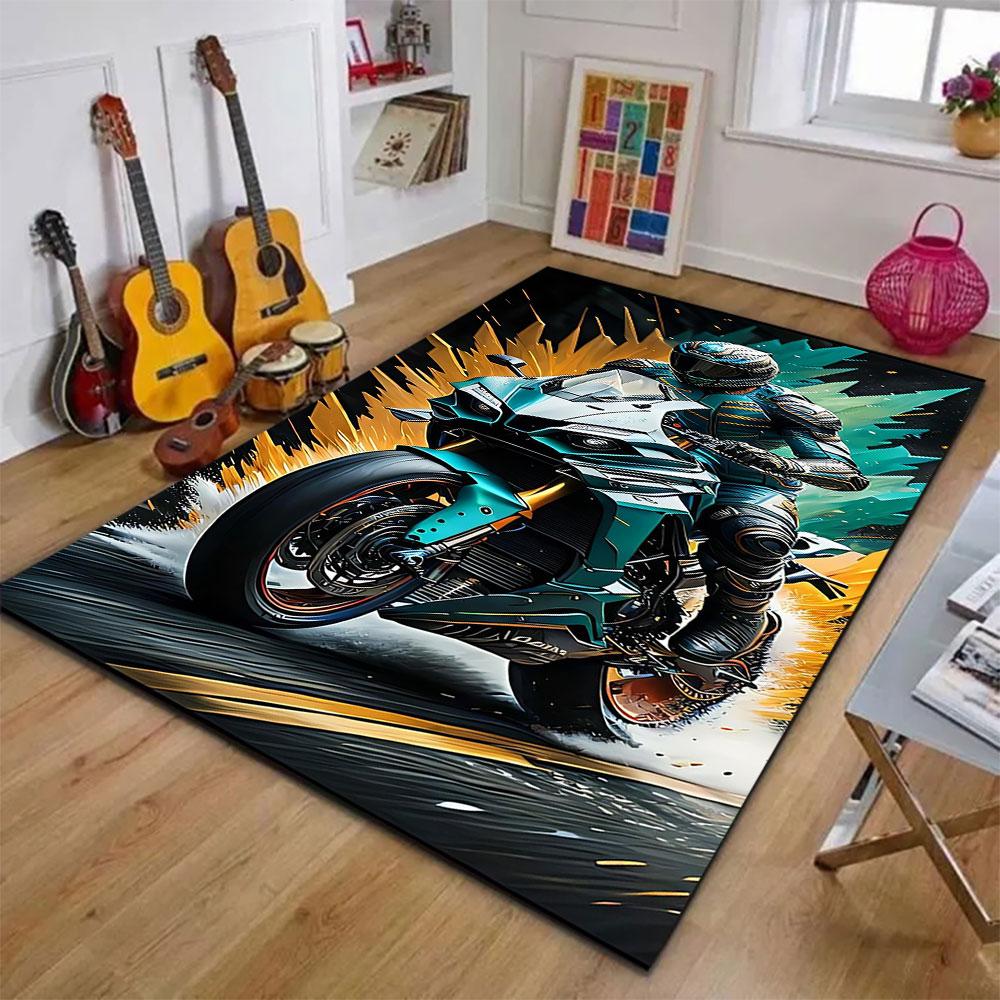 "Rider on Green Racing Motorcycle" Patterned carpet, suitable as a non slip play mat for the living room and bedroom sofa