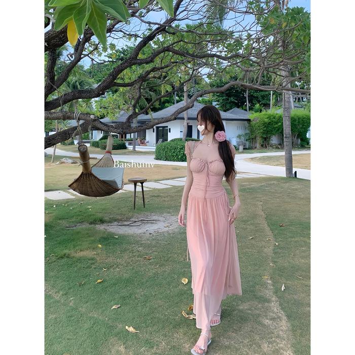 French seaside vacation style temperament waist long dress mesh design sense thin gentle square neck mint dress