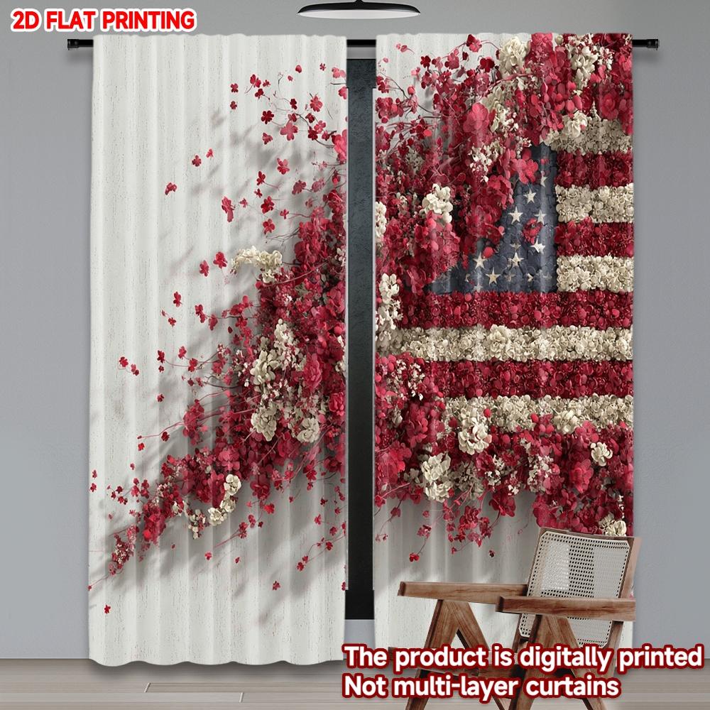Amerikanische Flagge Blumenvorhänge Digitaldruck Rote Weiße Blumen Sternenmuster Patriotische Wohnzimmer Schlafzimmer Dekor Vorhangset aus 2 Stück Gefertigt Polyester