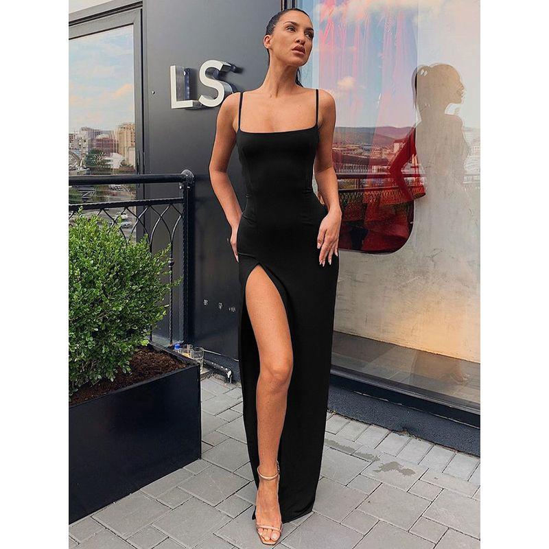Europe and America Cross Border New Fashion Sexy Sling Collar Slim Fit Backless Sexy Split Maxi Dress