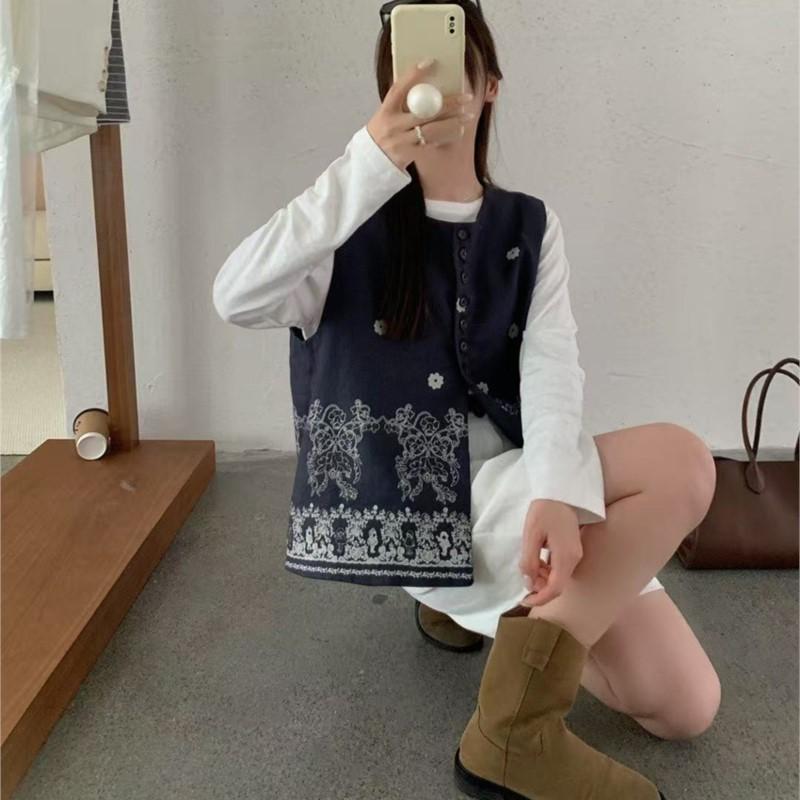 Johnature Bohemian Round Neck Printed Loose Vest For Women Versatile Casual Sleeveless Coat