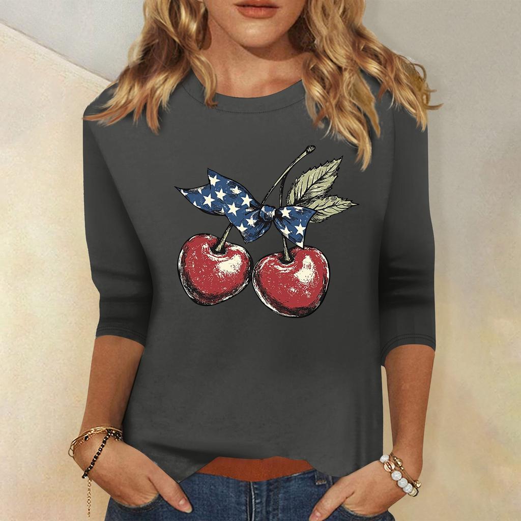 Women's Fashion Casual Round Neck 3/4 Sleeve Loose Independence Day Printed T-Shirt Ladies Top