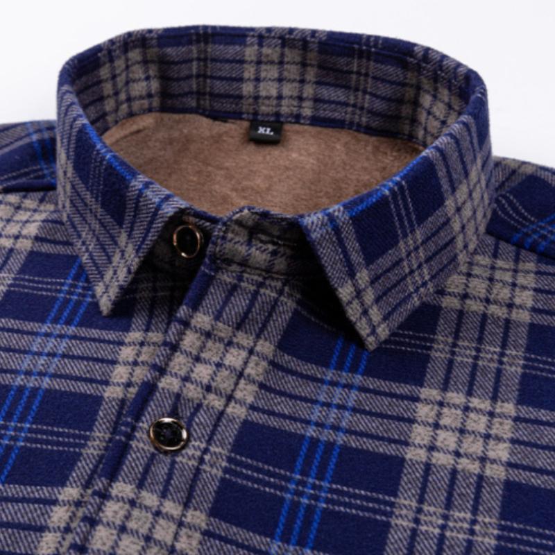 Men's Fleece-Lined Long-Sleeve Shirt Plaid Warm Thickened Shirt for Autumn and Winter