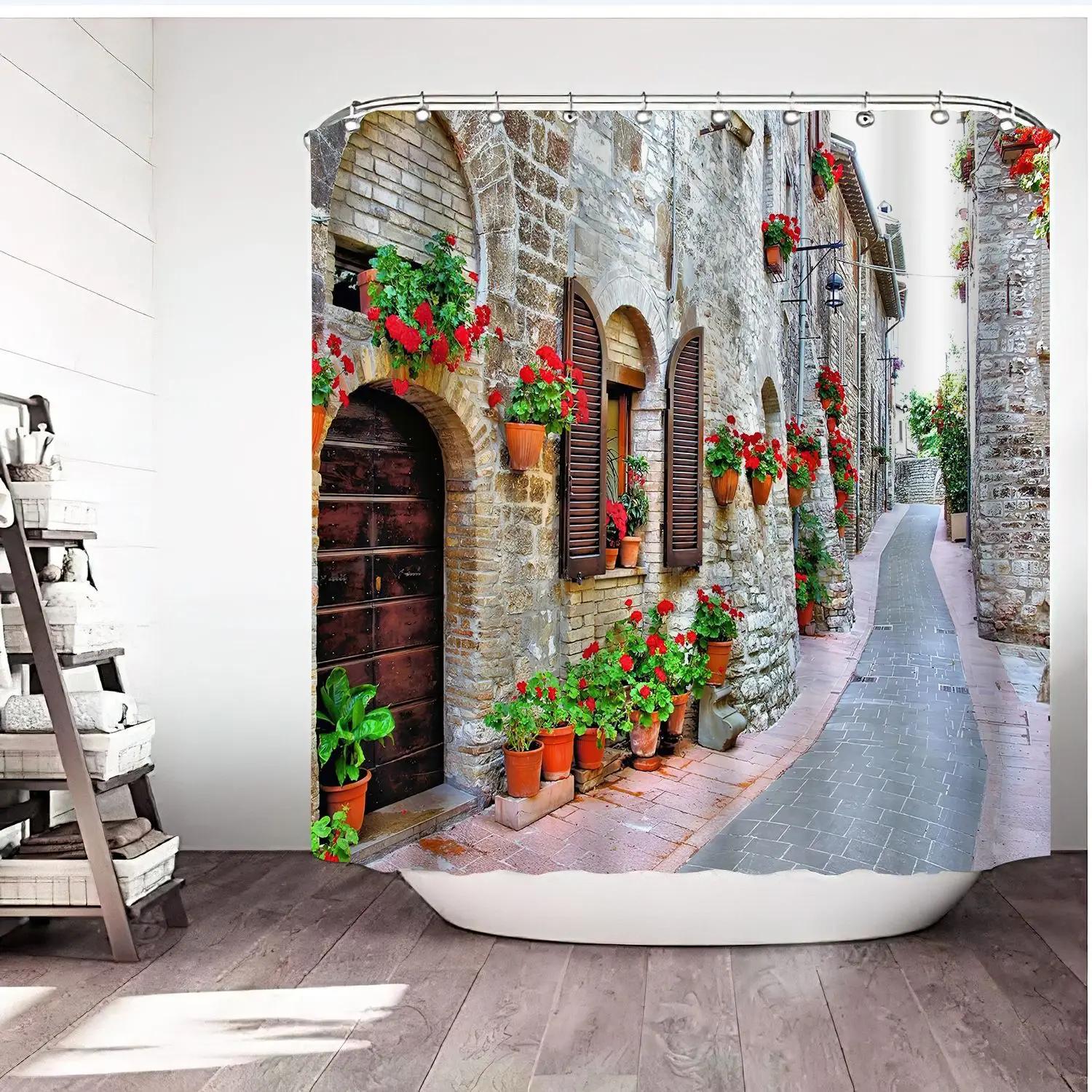 

3D European Country Town Streetscape Printed Shower Curtain Bathroom Bathtub Waterproof Curtain Home Decor Aesthetic With Hooks W60H190(CM)-1 Pcs