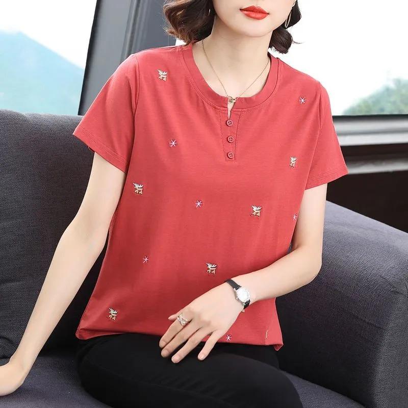 Women's Embroidered Henley Neck T-Shirt Loose Cotton Short Sleeve Casual Top
