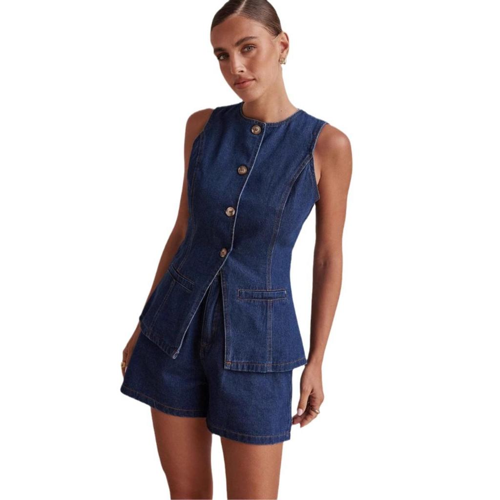 Spring Summer Fashion Sleeveless Waist High Waist Loose Cowboy Shorts Set