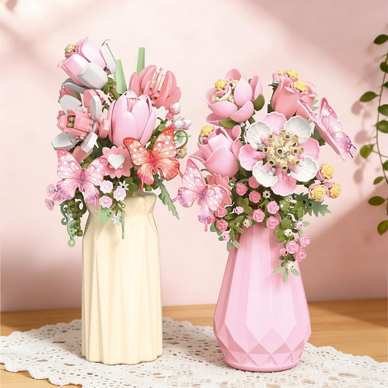 Romantic Flower Bouquets Building Blocks Set - Floral Assembly Construction Toy For Holiday Gift Idea
