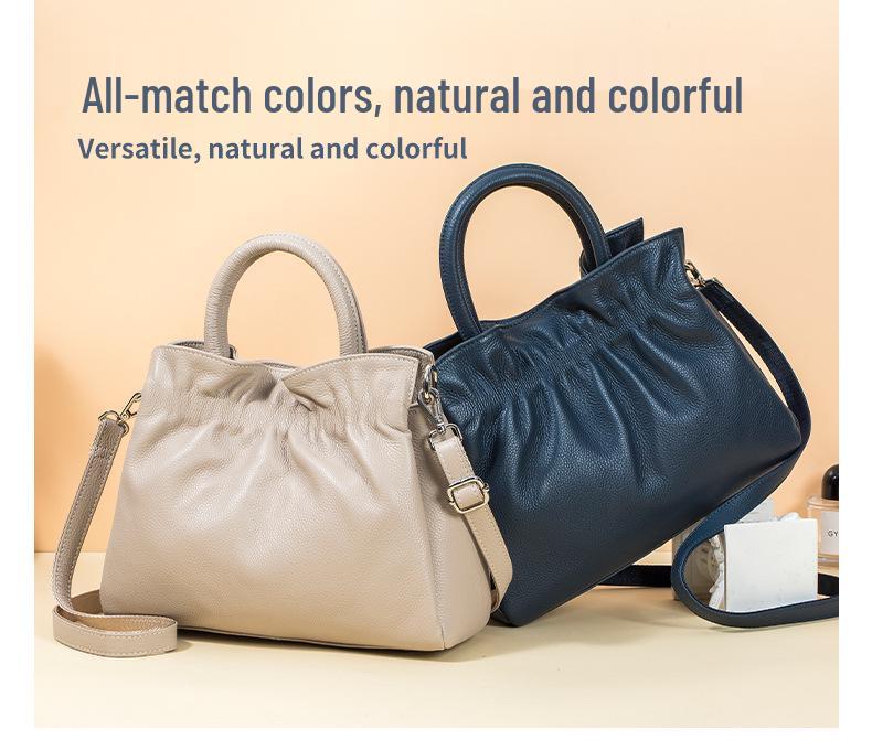 European & American Fashion Pleated Cowhide Leather Women's Handbag – Large Capacity Shoulder/Crossbody Bag