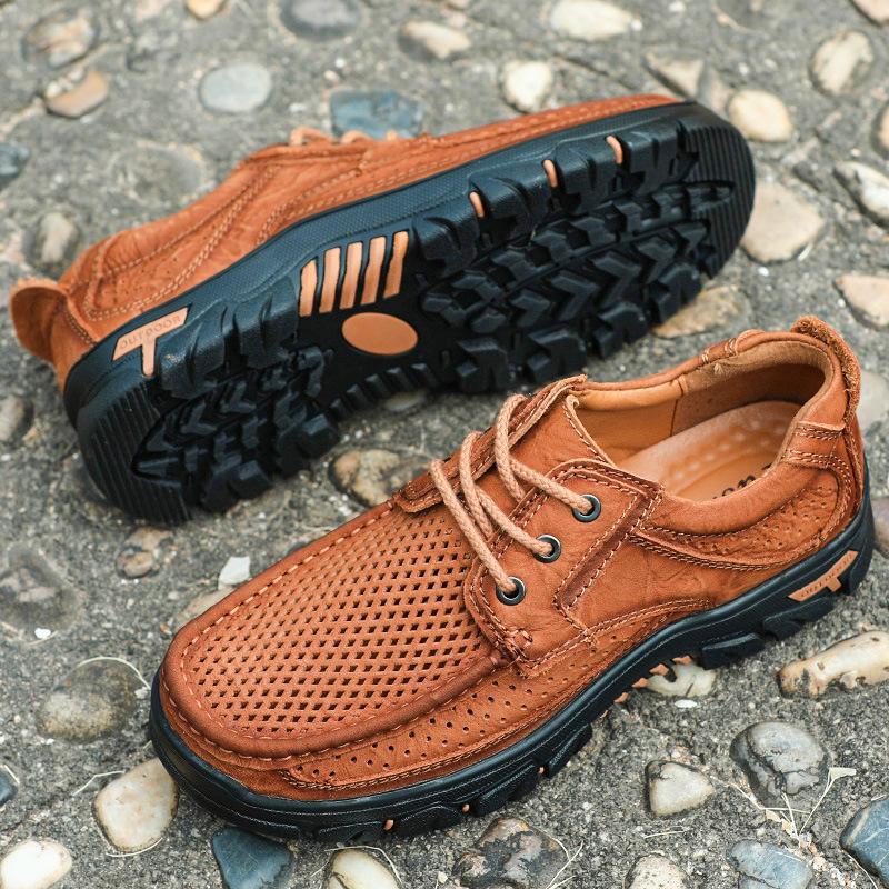 Fashion Spring and Summer Outdoor Sports Men Hiking Leather Shoes Breathable Top Layer Cowhide Casual Leather Shoes