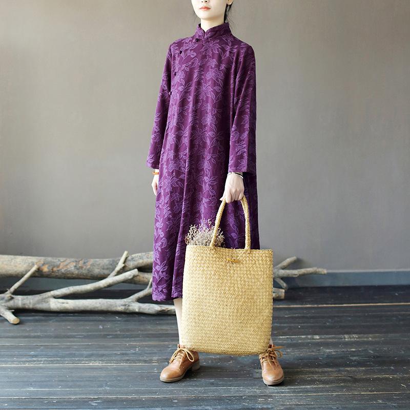 

Johnature женские китайские платья жаккардовые трапециевидные Cheongsam с длинным рукавом сплошной цвет осенние платья на пуговицах One Size фиолетовый