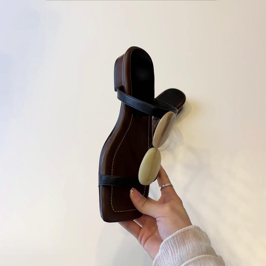 Blue Cabinet Version~ Niche French One-word Cool Slippers Women's Open-toed Square Head Temperament Roman Shoes Flat Beach Shoes