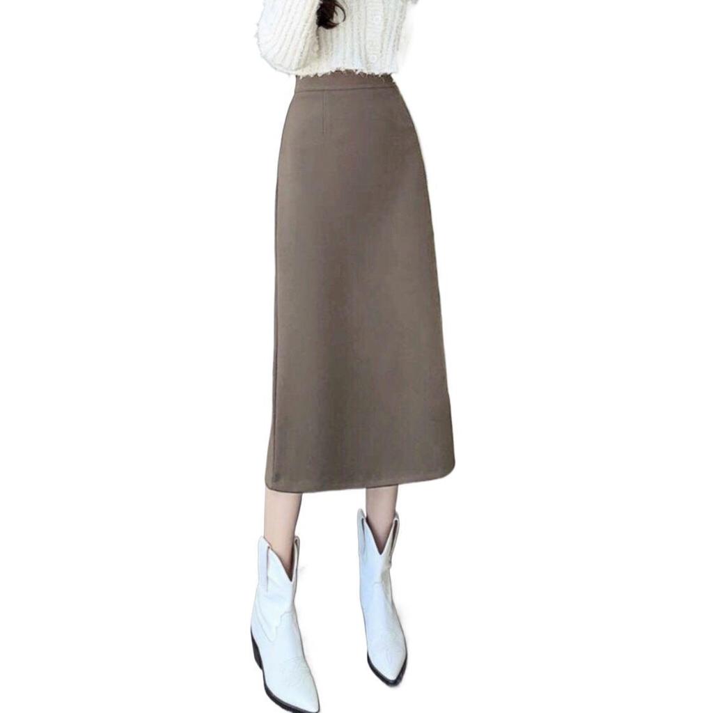 Women's 2025 Autumn Wool High-Waisted Mid-Length Pencil Skirt with Slit