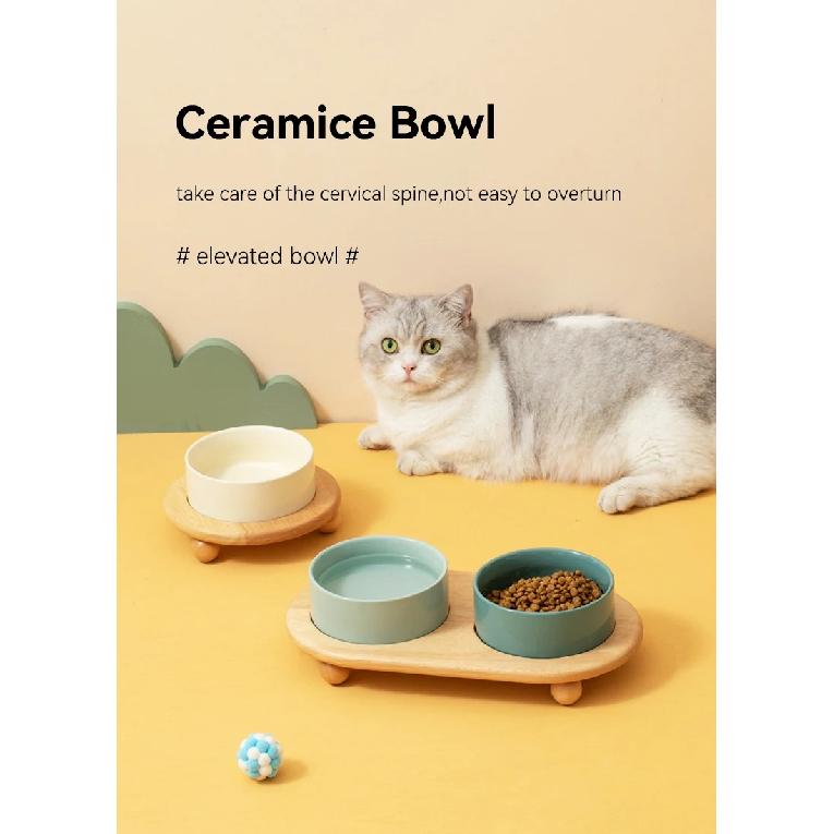 1800ML Ceramic Small Dog Food Water Bowl Elevated Cat Large Capacity Double Feeding Bowls with Wooden Stand Pet Drink Eat Feeder