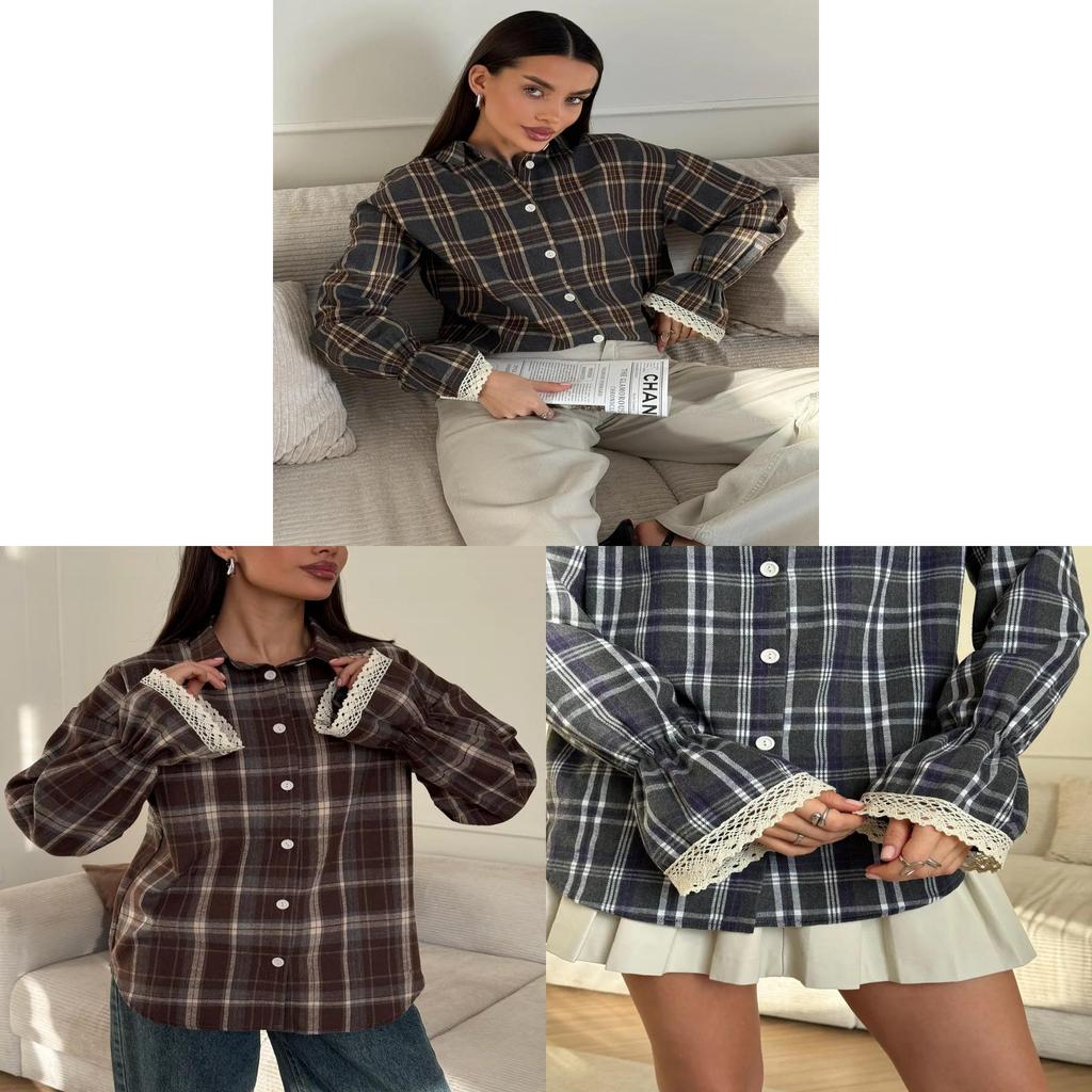 Casual Cotton Polyester Plaid Shacket With Long Sleeves For Spring Wear