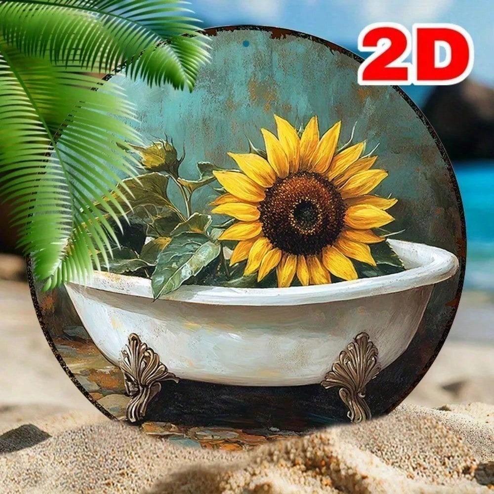 Vintage Sunflower Metal Wall Sign Round Aluminum Decor for Bathroom Garden Kitchen Farmhouse