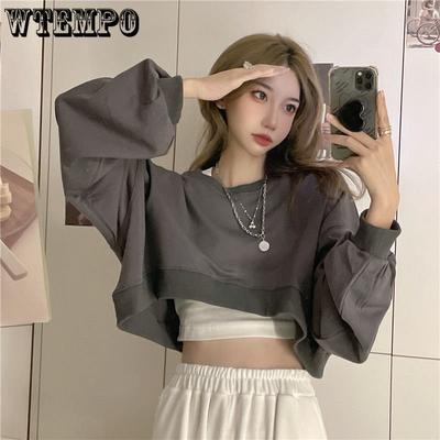 Bluzy damskie Solidne Luźne Na każdy mecz Krótkie Topy Dziewczęce Wiosna Swobodne Harajuku Krótkie O-Neck Swetry Streetwear