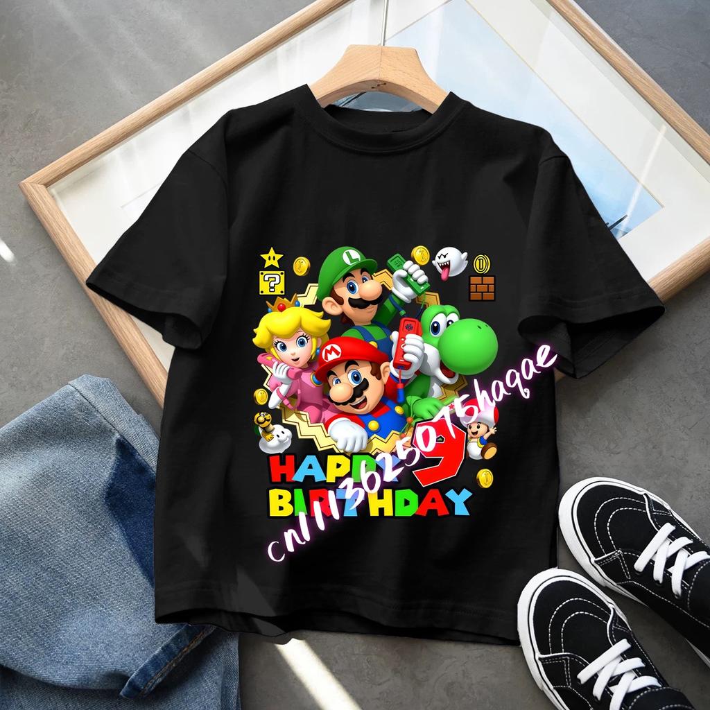 Cartoon Super Marios Children Birthday Number TShirt Clothes Party Figure Print Boys BabyTShirt Blue Short Sleeve Tops Tee Gift