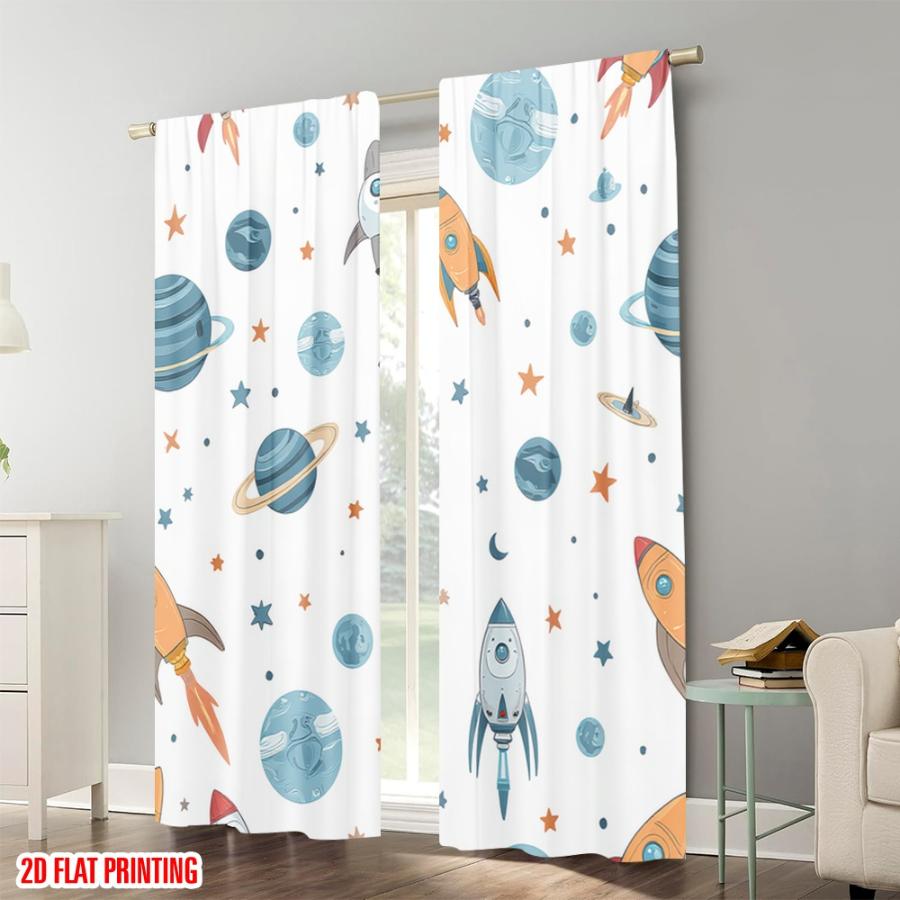 2PCS Digital Printed Curtains, Rocket Astronaut Space Sci-Fi Futuristic, Modern Home Decor Style for Living Room Bedroom Decor