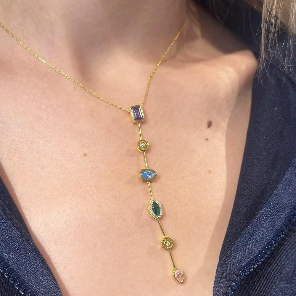 Retro Colorful Zircon Collarbone Chain Irregular Crystal Luxury Pendant Y-shaped Long Tassel Jewelry Accessories