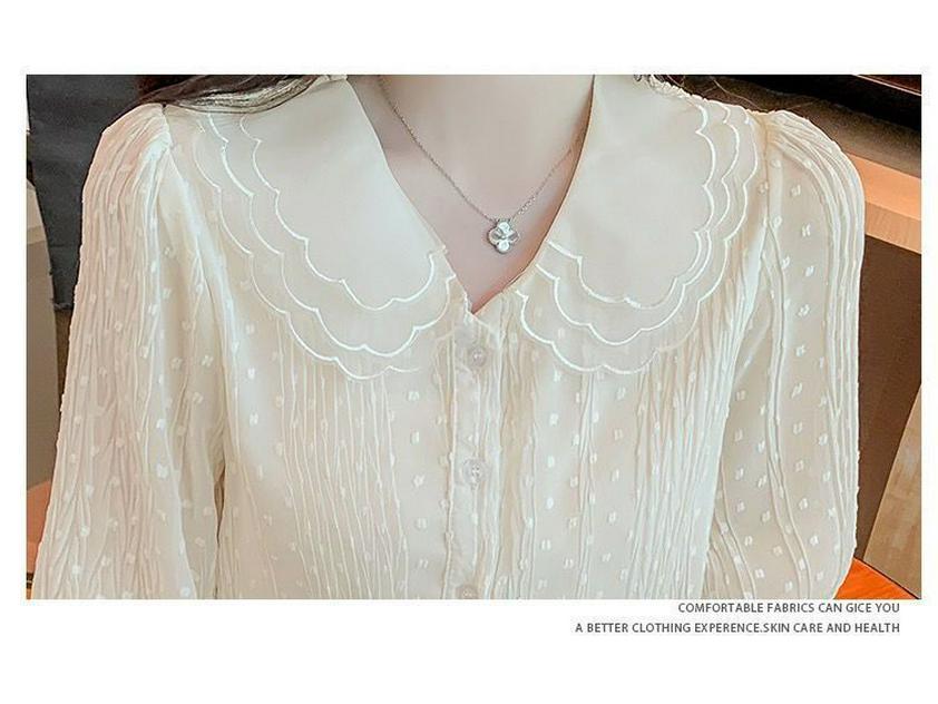 2024 Spring Women's Chiffon Blouse with Peter Pan Collar, Slimming Long Sleeve Top