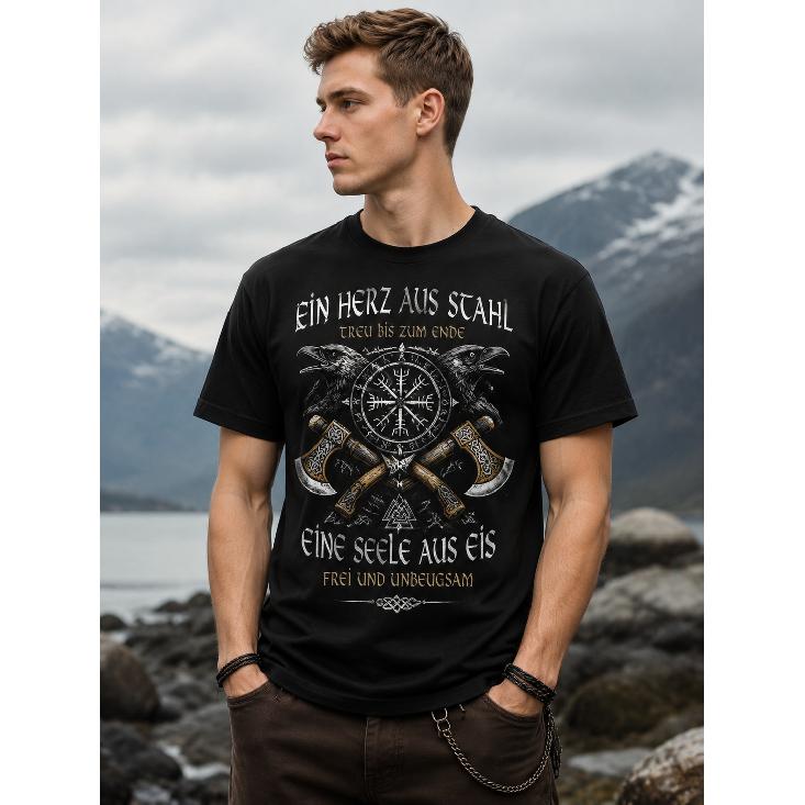 Men's Viking Graphic Tee with Norse Runes & Axes, Short Sleeve Crew Neck Soft Cotton T-Shirt for Outdoor Adventure and Casual Wear
