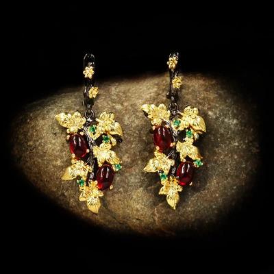 New Elegant Black Gold Ruby Pendant Flower Leaf 925 Silver Earrings Crystal Gemstone Ladies Jewelry Earrings Silver 925 Jewelry