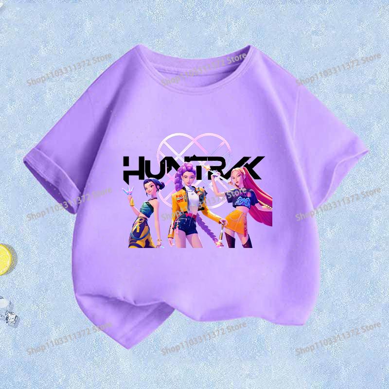 Movie K-Pop Demon Hunters T-shirt Summer Cotton Purple Toddler Short Sleeve Girl Clothes Fashion Cartoon Kids Birthday Tops Gift