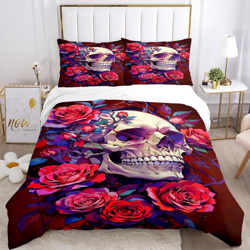 3-teiliges Schädel und Rosen Bettwäsche-Set - Weiches & Bequemes Polyestergewebe, Ganzjahres-Atmungsaktives Bettdecken-Set Für 1 Bettbezug & 2 Kissenbezüge