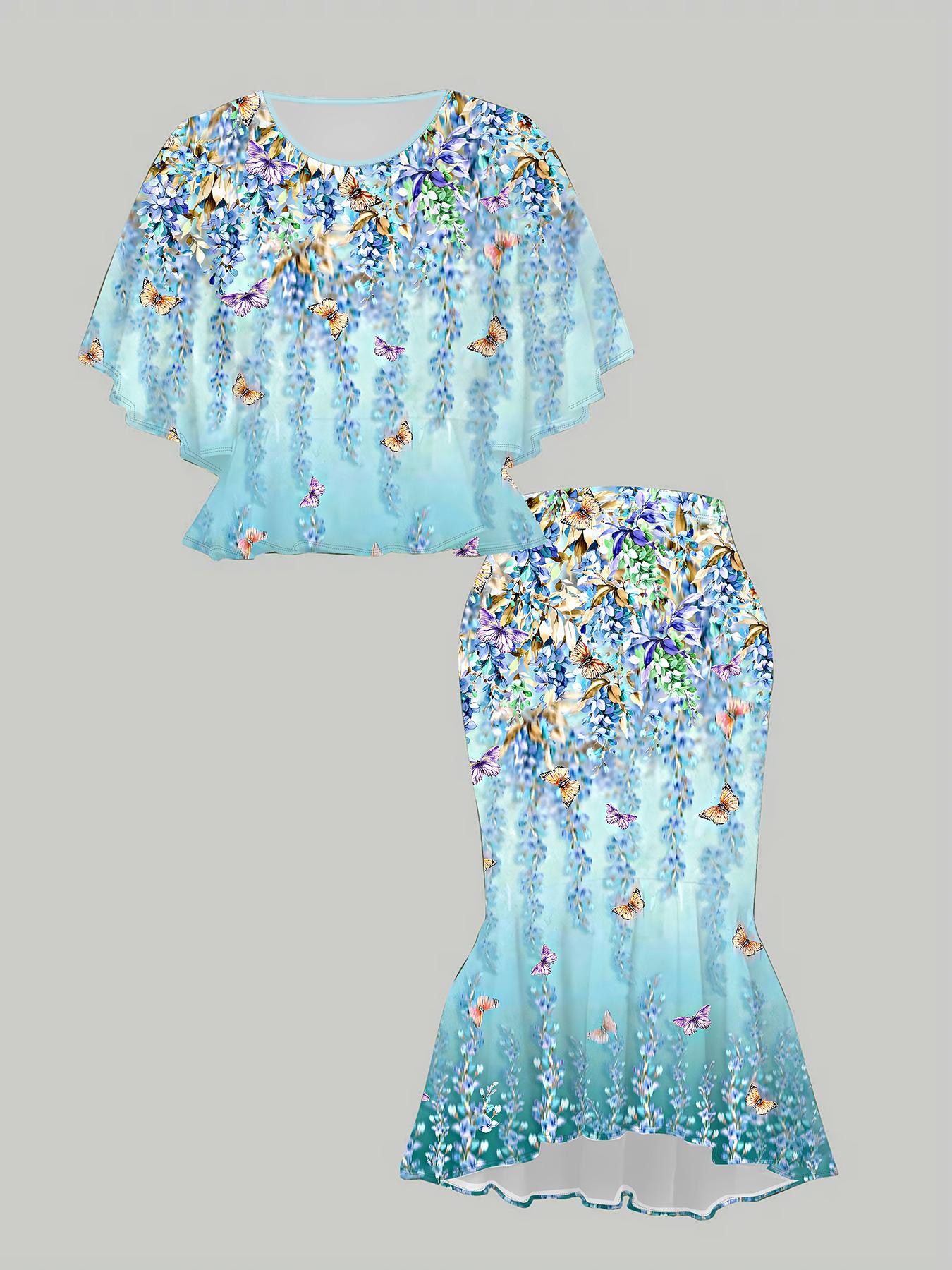 

Классический тотемный женский принт с 3D-цветами, Модный большого размера, Элегантный, Универсальный для всех сезонов. Футболка, Юбка и Комплект 1XL синий