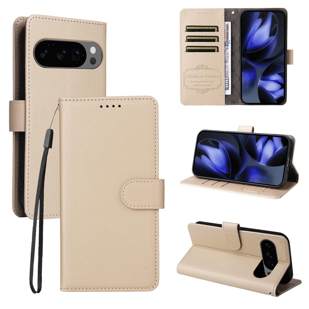 For Google Pixel 9/Google Pixel 9 Pro/Google Pixel 10 Pro/Google Pixel 10 Case RFID Blocking 3 Card Slots PU Leather Phone Cover with Wrist Strap