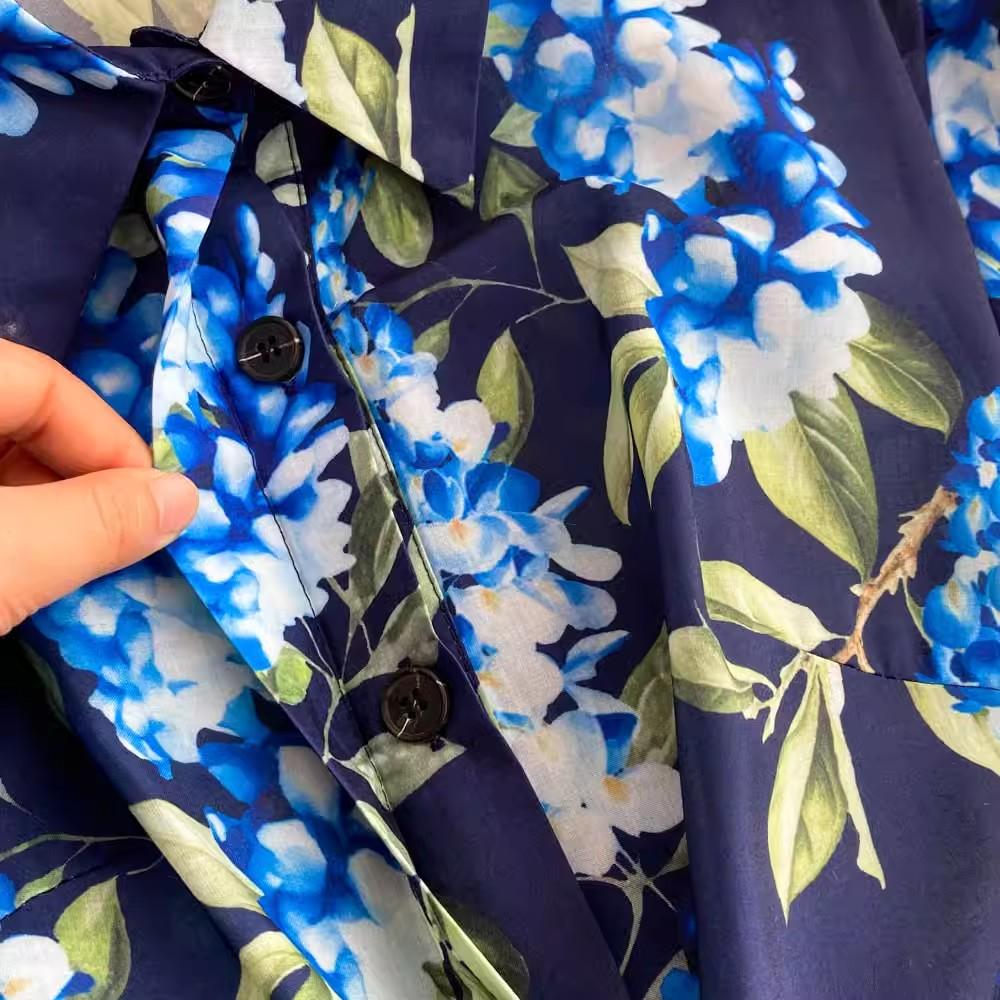 Summer Elegant Short Sleeve A Line Shirt Dresses Women's Turn Down Collar Vintage Leaves Print Runway Belt Midi Dresses