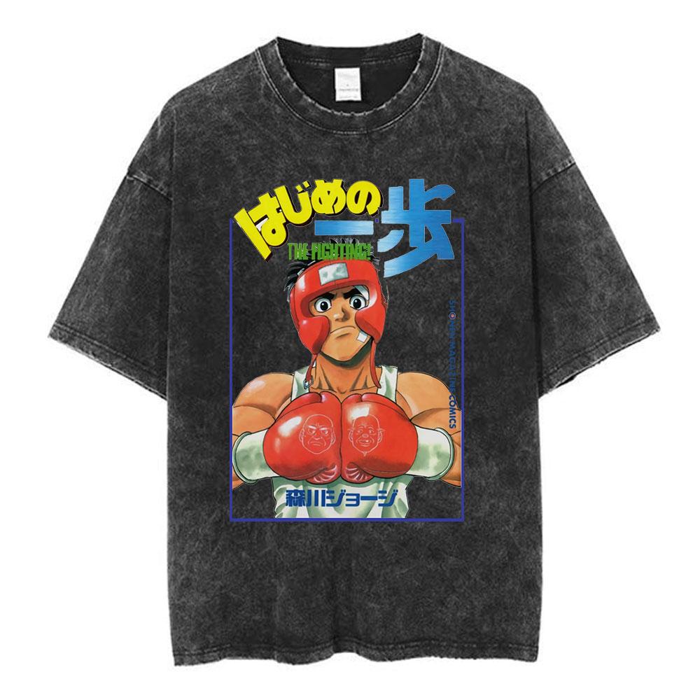 Anime Hajime No Ippo Makunouchi Vintage Washed Tshirt Takamura KGB T Shirts Kamogawa Boxing Gym Tshirt Men Manga Retro Tshirts
