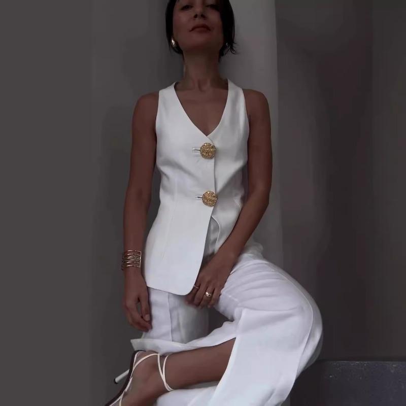 

QICED Women s Fashion Casual Solid Color Print Sleeveless V Neck Pants Suits 3XL білий