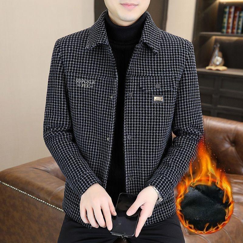 Winter Men's Fleece and Thickened Warm Woolen Coat, Casual, Versatile and Stylish Thousand-bird Check Woolen Jacket