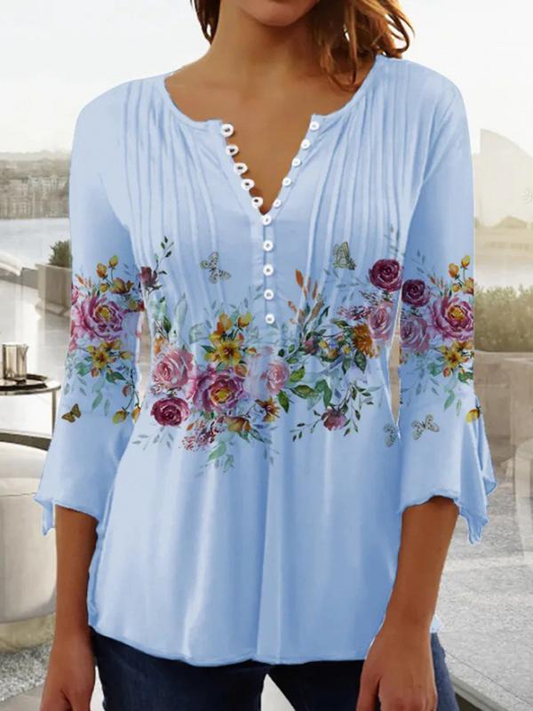 Women's Floral Print Notched Neck Button Front Loose Fit Blouse Casual Summer Top Plus Size S-5XL