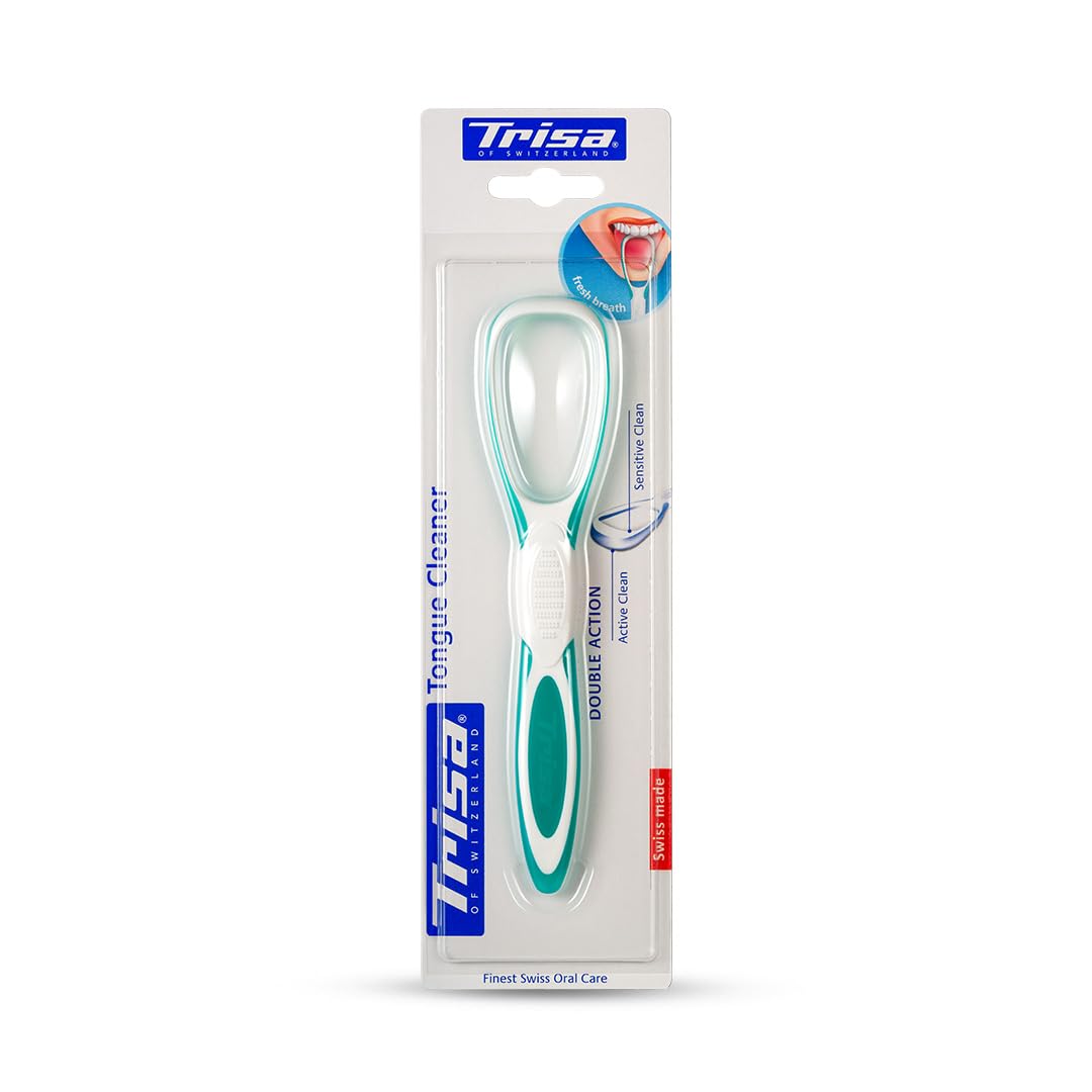 Trisa Double Action Tongue Cleaner for adults | Dual Action Tongue Scraper | Dentist Recommended | Swiss Oral Care | Removes Bad Breath & Bacteria