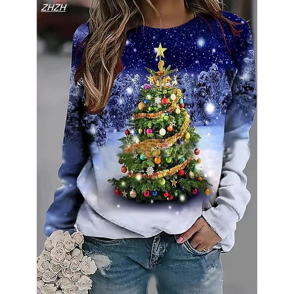 Women's Christmas Animal Tree Print Sweatshirt, Long Sleeve Crewneck Pullover, Casual Street Style, Spring Fall Holiday Fashion