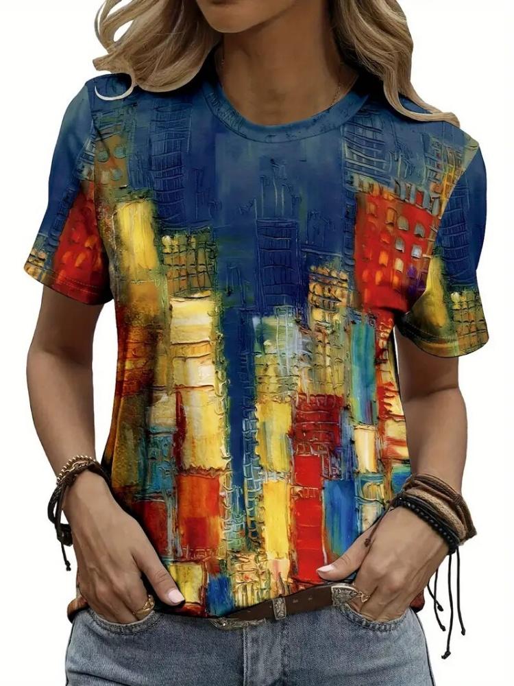 Neues Bequemes Lockeres Damen Elegantes Muster Rundhals Bedrucktes T-Shirt Schnelltrocknendes Atmungsaktives Oberteil Street Fashion T-Shirt