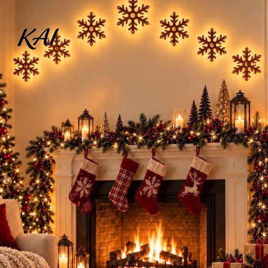 Rustic Christmas Home Ornaments 7PCS Wooden Wall Lights, Warm LED Backlight Glowing Silhouette Decorative Elk Figures Pendants, Style Hanging