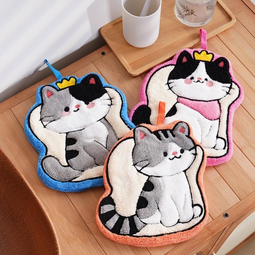 New Coral Fleece Cat Hand Towel Soft Thickened Bathroom Kerchief Strong Water Absorption Hanging Handkerchief Bathroom